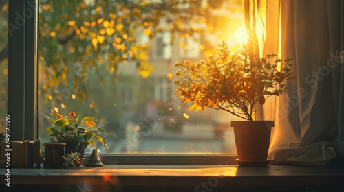 Morning and sunrise through the window, plant, generated with AI