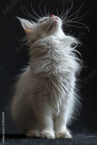 A cuttest white cat stands up with its paws extended outward, generated with AI photo
