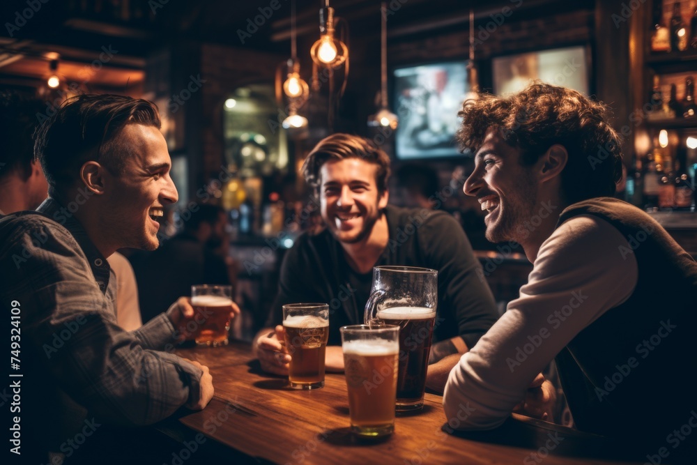 Guys night out. Lifestyle candid photo of men hanging out in a bar drinking beer, smiling, laughing and talking, saying jokes - obrazy, fototapety, plakaty 