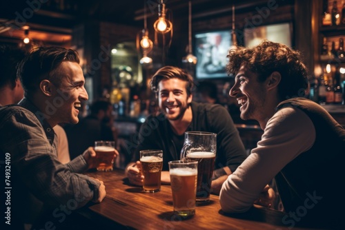Guys night out. Lifestyle candid photo of men hanging out in a bar drinking beer, smiling, laughing and talking, saying jokes photo