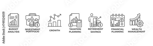 Financial strategy banner web icon vector illustration concept with icon of budget analysis, investment portfolio, growth, taxation planning,retirement savings, financial planning, wealth management