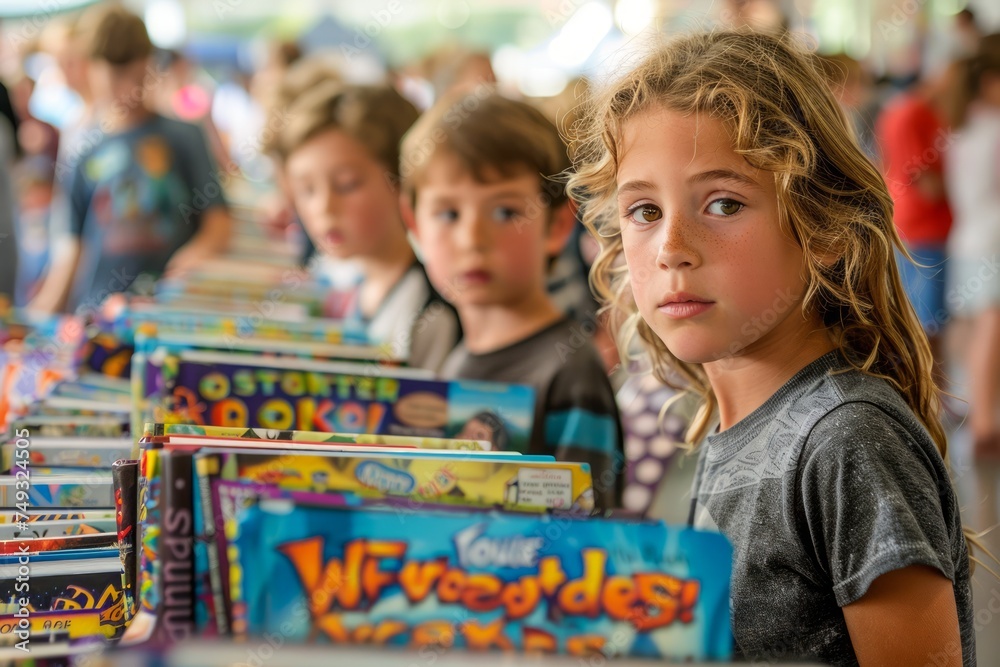 Young Children Engrossed in Choosing Books at Local Book Fair, Curious Boy and Girl Exploring Colorful Comic Stand Young Children Engrossed in Choosing Books at Local Book Fair, Curious Boy and Girl Exploring Colorful Comic Stand
