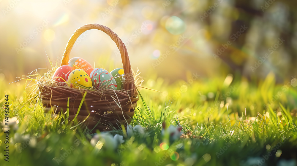 Easter basket filled with colorful eggs and flowers on the green grass with spring garden background, happy easter Easter basket filled with colorful eggs and flowers on the green grass with spring garden background, happy easter