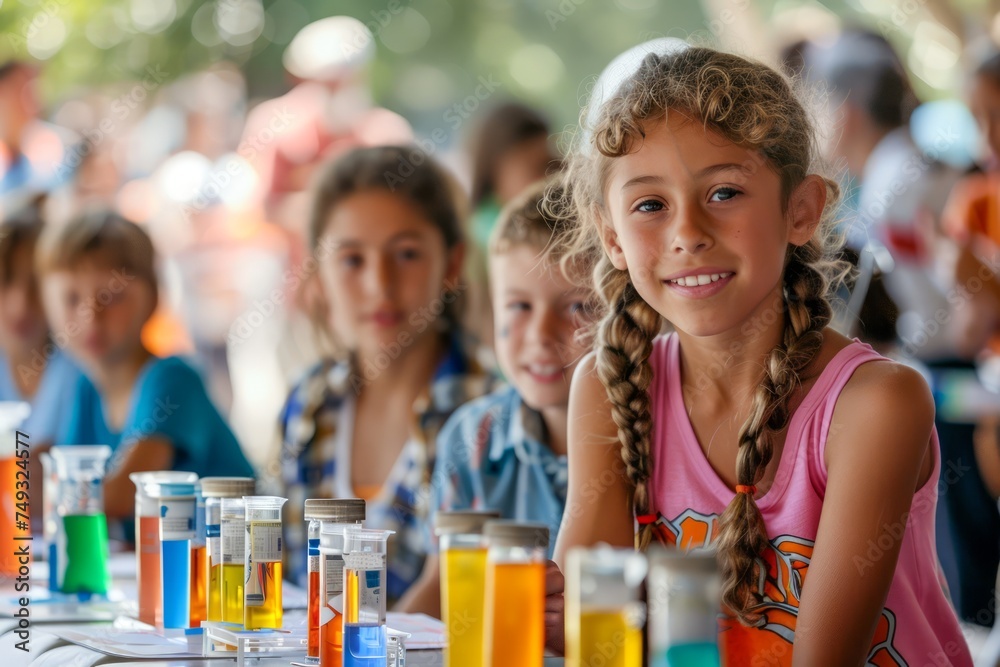 Smiling Young Girl in Science Class with Test Tubes, Cheerful Children Learning Chemistry Smiling Young Girl in Science Class with Test Tubes, Cheerful Children Learning Chemistry
