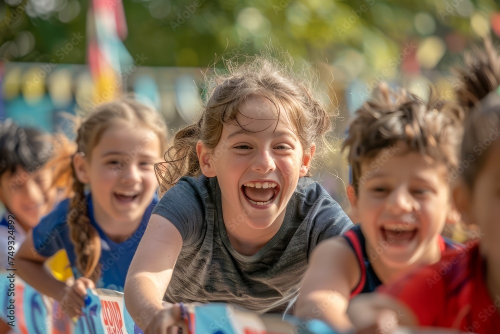 Fototapeta premium Happy Children Laughing and Enjoying Outdoor Fun Race on Sunny Day in the Park