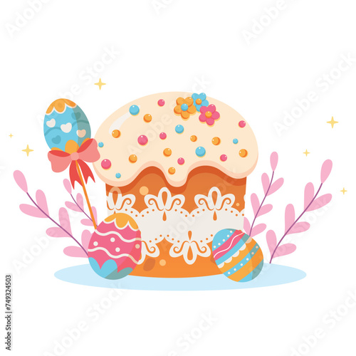 Easter card with easter cake, eggs and flowers.  Easter elements. Cute Easter illustration. Spring collection of easter cakes, egg, flowers and decorations. For poster, card, scrapbooking , stickers. 