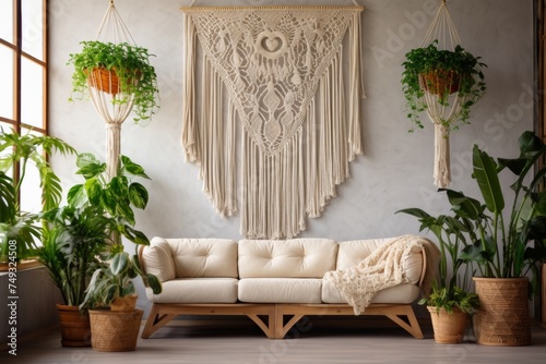 boho style macrame decor on the wall with green houseplants. Yoga studio lounge interior. Cozy home apartment. © Dina