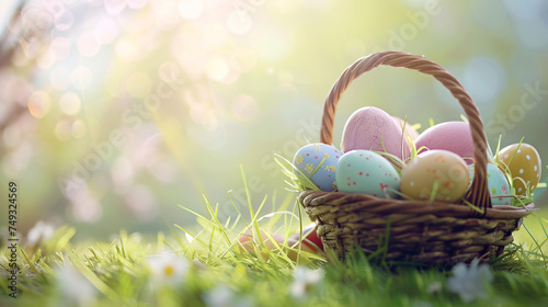 Easter basket filled with colorful eggs and flowers on the green grass with spring garden background, happy easter © Nuchylee