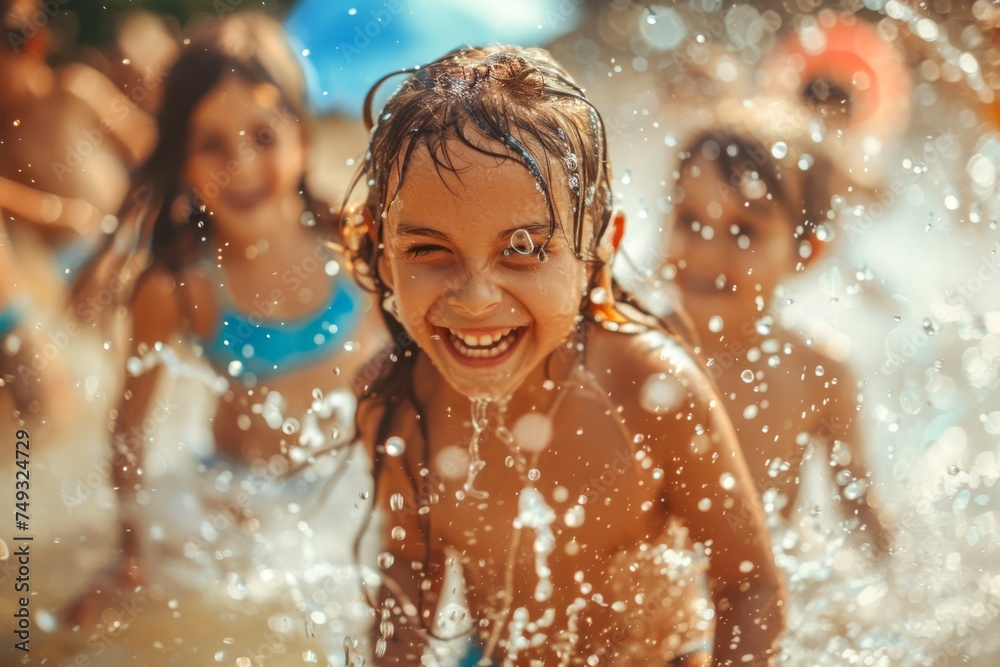 Joyful Child Playing and Splashing Water in Summer Sunshine at Outdoor Pool Party Joyful Child Playing and Splashing Water in Summer Sunshine at Outdoor Pool Party