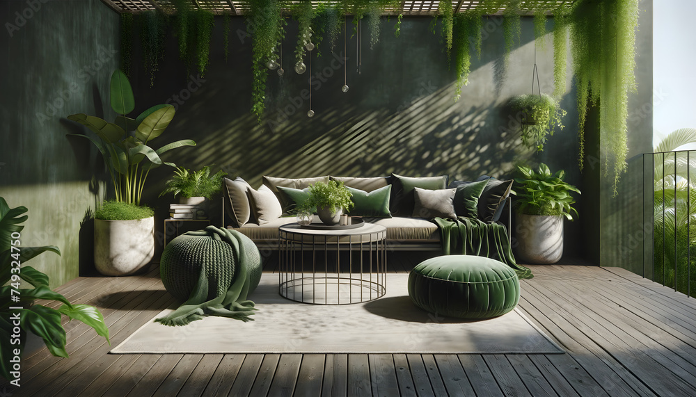 a cozy outdoor seating area, a dark olive green wall as the background, exhibiting a matte finish. The area is sheltered by an overhanging balcony with green vines draping down, adding an organic feel - obrazy, fototapety, plakaty 