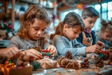 Group of Focused Children Engaged in Creative Christmas Crafts Decoration at Workshop Table