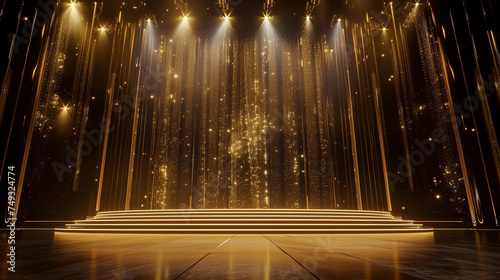 Stage opening golden stage glitter with spotlights and luxury gold light streak. Particle luxury for ceremony background