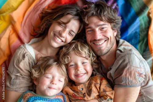 Happy Family Embracing and Smiling Together Under Colorful Blanket, Parents with Children Enjoying Moments of Joy