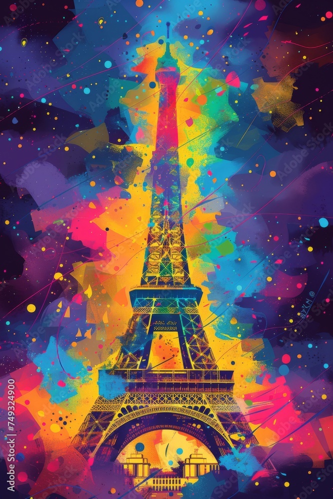 Retro s-style art deco travel poster for Paris, Eiffel Tower, colorful, generated with AI