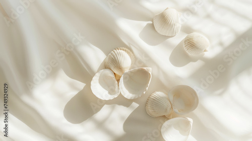 Aesthetic top view of white seashells on light background. Sun rays and shadows, minimalist sea concept. Generative AI