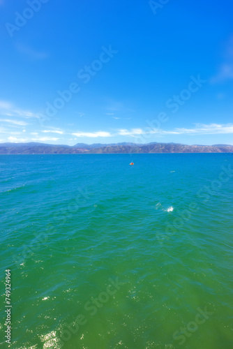 Blue sky  nature and drone of ocean on island for travel  vacation or holiday with skyline and seascape. Outdoor  water and aerial view of sea by tropical beach for scenic summer weekend trip.