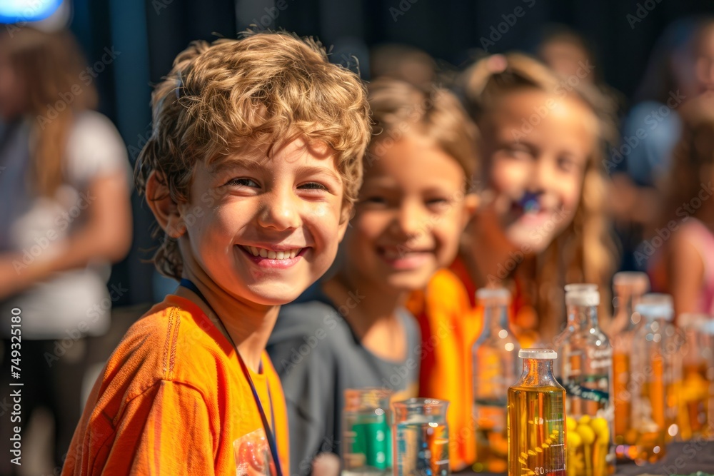 Happy Children Enjoying Science Fair With Colorful Experiment Bottles in Sunny Classroom