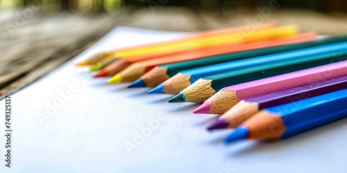 Colorful pencils neatly aligned on white paper