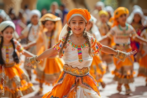 Joyful Young Girl in Vibrant Orange Outfit Dancing in Traditional Indian Festival with Group