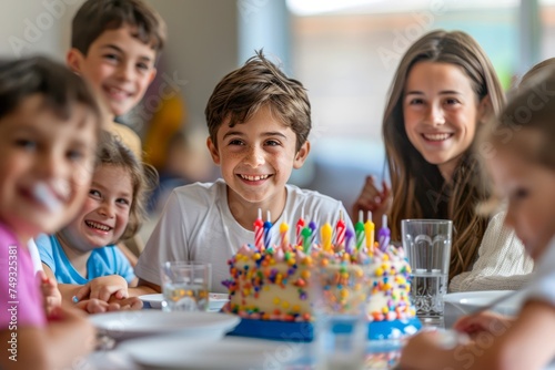 Joyful Children Celebrating a Birthday Party with a Colorful Decorated Cake and Candles in a Festive Home Environment