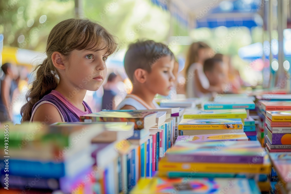 Portrait of a Thoughtful Young Girl at a Book Fair with Children and Stacks of Books in Background Portrait of a Thoughtful Young Girl at a Book Fair with Children and Stacks of Books in Background
