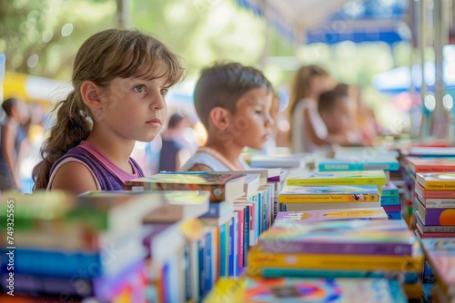 Portrait of a Thoughtful Young Girl at a Book Fair with Children and Stacks of Books in Background