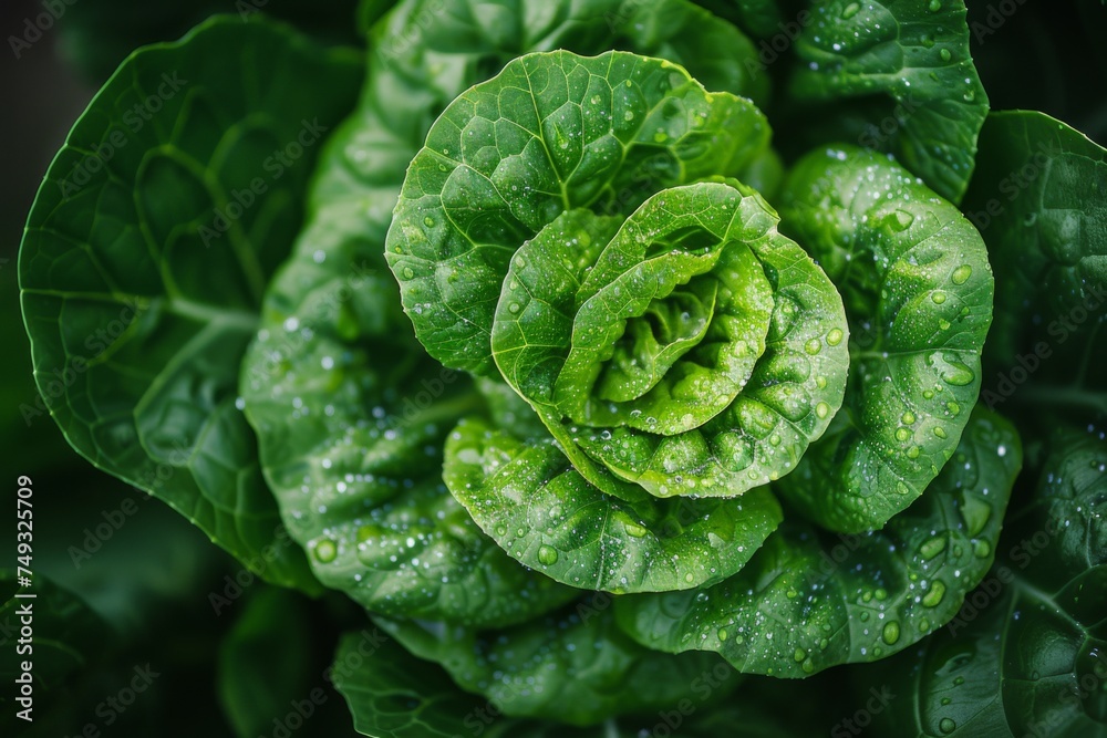 Obraz premium Macro shot of a fresh lettuce, view from above, generated with AI