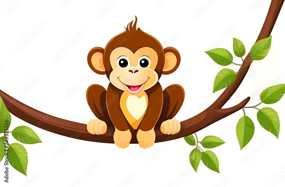Obraz premium A drawing of a monkey with a funny face sitting on a branch on a white background.
