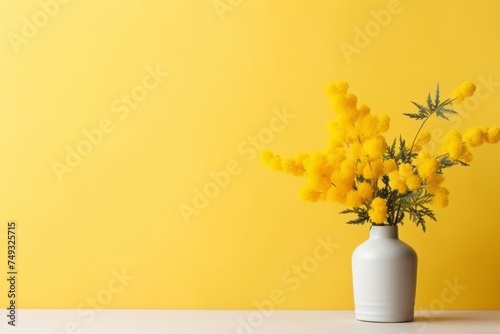 spring minimal yellow mimosa flowers in vase easter decoration on background with copy space left © Dina
