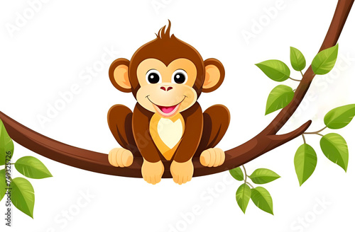 A drawing of a monkey with a funny face sitting on a branch on a white background.