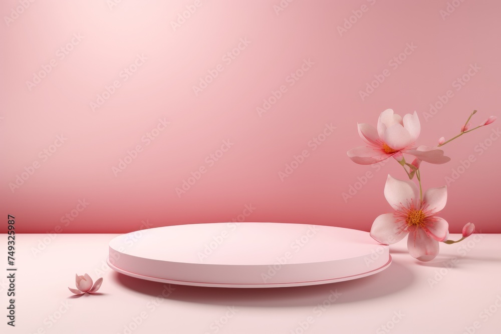 minimal pink round podium with branch with spring blossom and pastel color background