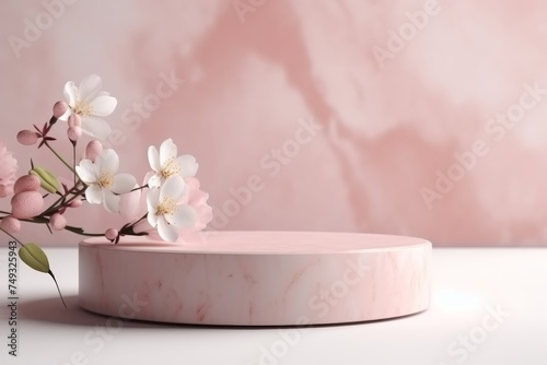 minimal pink round podium with branch with spring blossom and pastel marble background