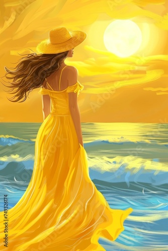 Yellow dressed woman in front of gold sunset, generated with AI