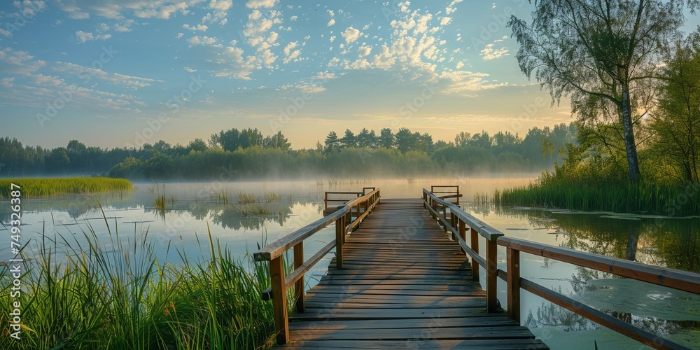 Naklejka premium Wooden pier on a lake at sunrise in summer