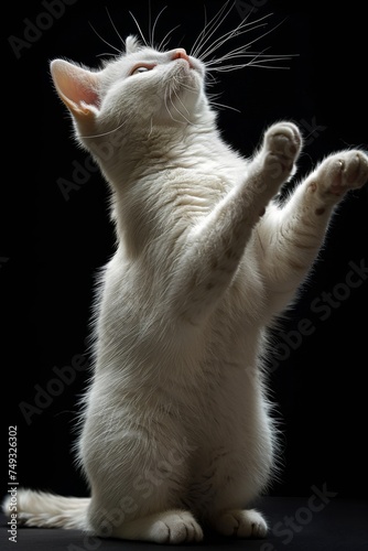 A cuttest white cat stands up with its paws extended outward, black background,  generated with AI photo