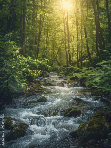 An image of the woods in a forest  style poster art  luminosity water  generated with AI
