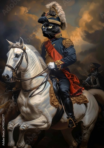 A Black cat dressed as Napoleon riding on white horse the battlefield, generated with AI