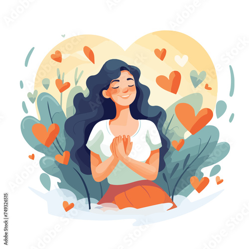 Woman with hand on kind heart feeling self love blis