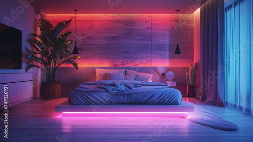 A cozy neon-lit bedroom with soft, diffused lighting