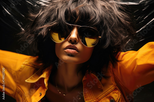 Edgy woman in yellow aviator sunglasses and tousled hair, exuding a cool, rebellious vibe.