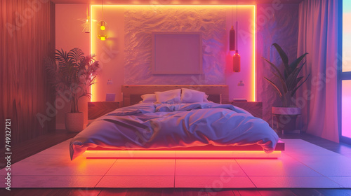 A cozy neon-lit bedroom with soft, diffused lighting © Ateeq