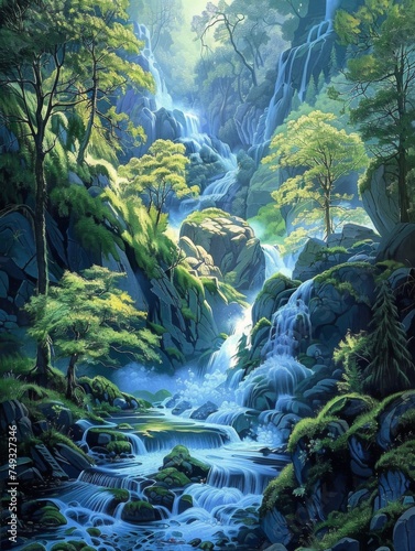 a painting shows a stream in the woods with a waterfall, generated with AI © sch_ai