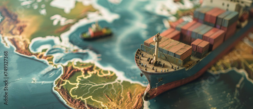 Miniature cargo ship sails on a map, symbolizing global trade on a tiny scale.