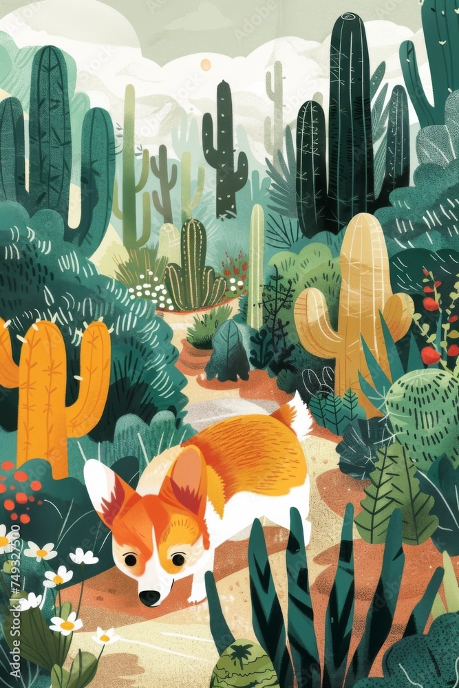 a corgi walks along a rift with cactus, in the style of graphic design-inspired illustrations, generated with AI
