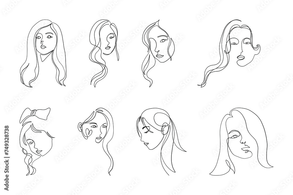 set of fashion Hand-drawn abstract female faces line art drawing