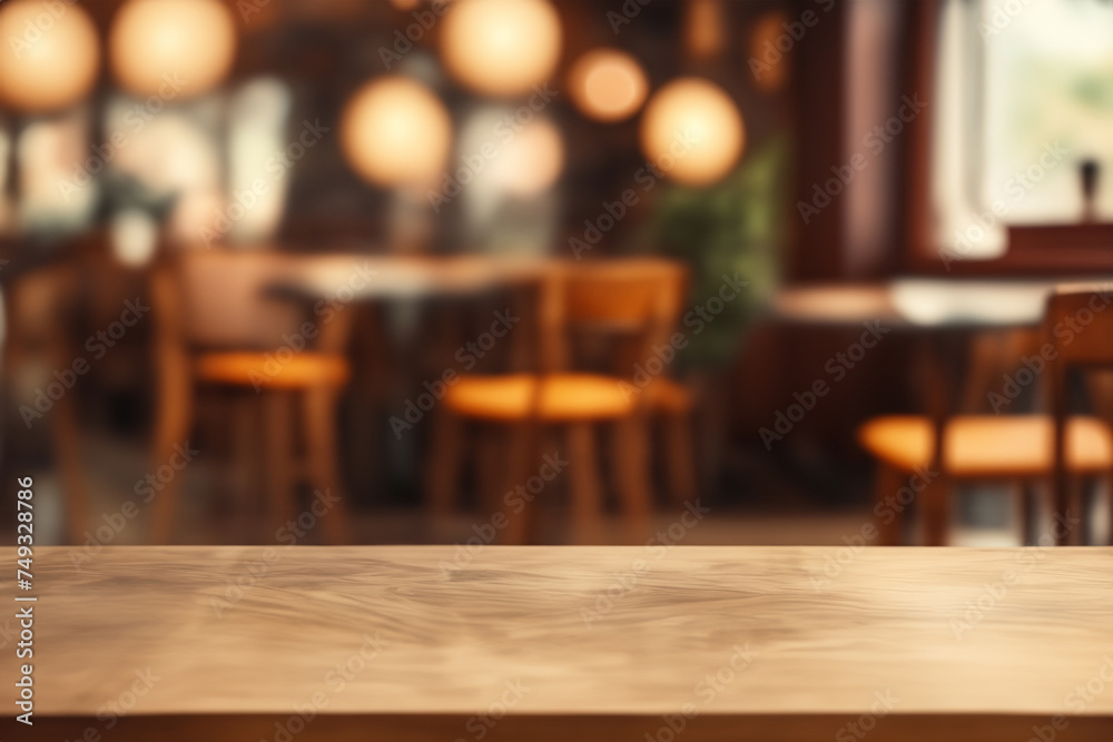 Wood table with blurred cozy cafe
