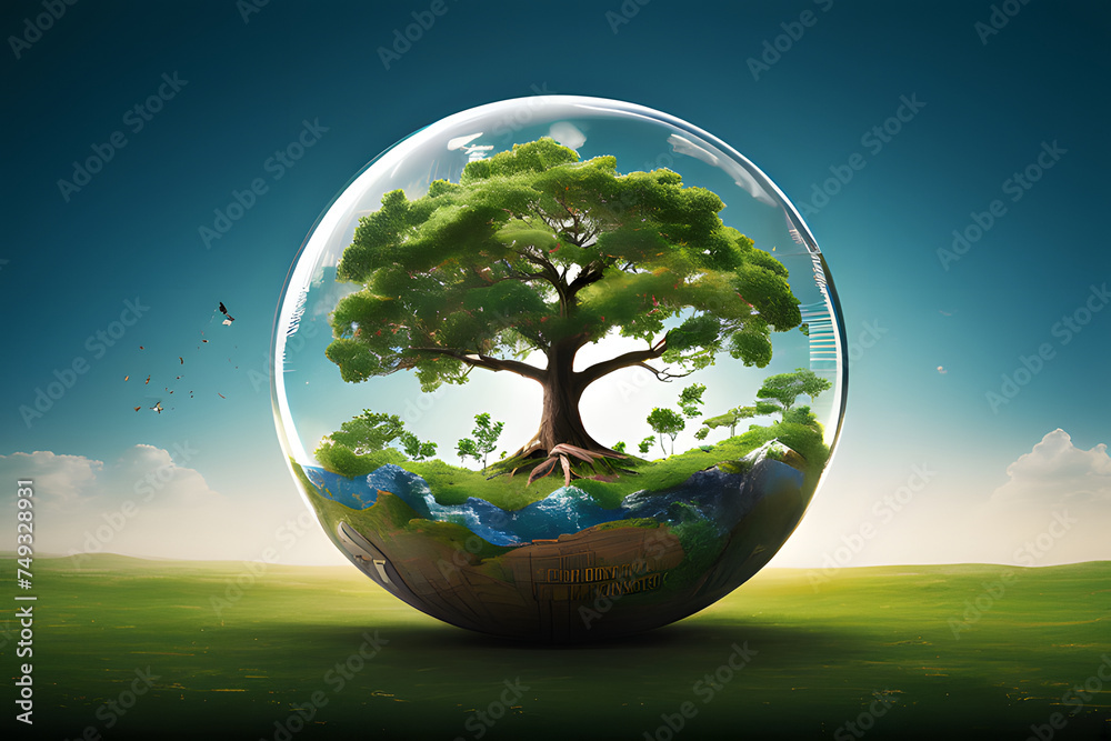 green planet earth, tree in the globe, glass globe ball with tree growing and green nature background, renewable energy concept earth day or environment protection, generative ai