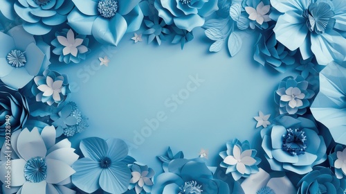 frame with blue paper flowers on blue background photo