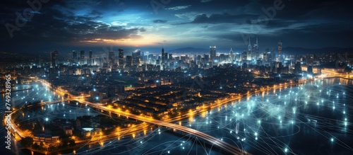 Concept of wireless network and connection technology with city background at night