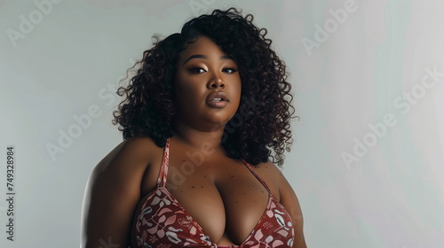 Body positivity and self love concept. Waist up shot of joyful body positive young woman love own body wears beige lingerie poses over white wall